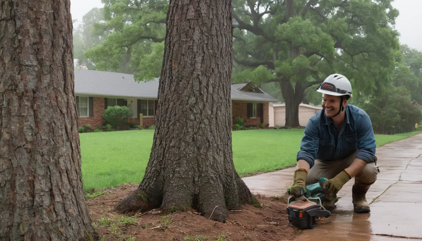 Tree provider checking a large trunk beside a ranch home in the Joliet area